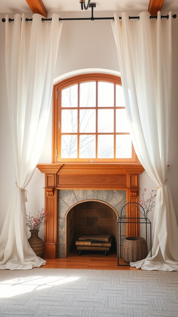 Lightweight white drapes framing a window with a wooden fireplace beneath it, styled for spring.