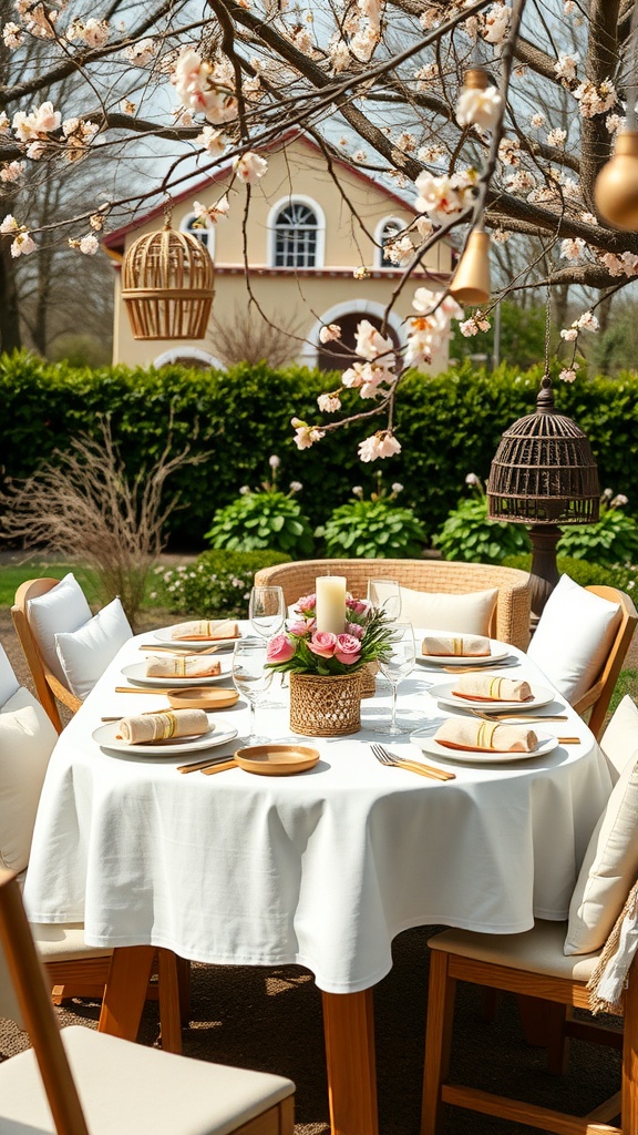 A beautifully set outdoor table with a white tablecloth, floral centerpiece, and vibrant greenery in the background.