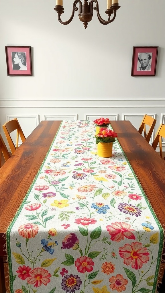 A floral table runner on a wooden dining table with a yellow flower pot and framed pictures on the walls.