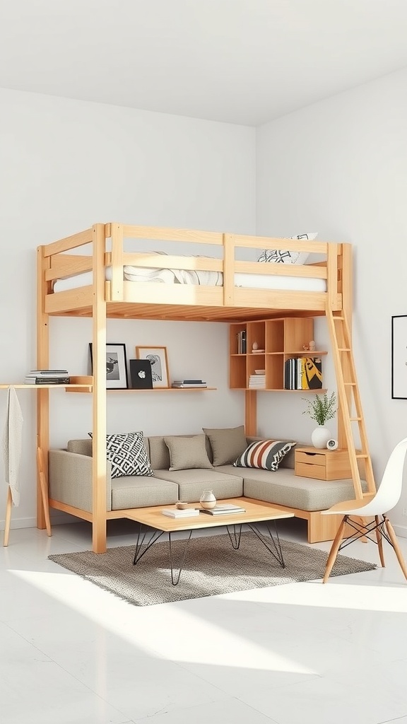 A dual-purpose loft bed with a cozy seating area underneath and integrated shelves.