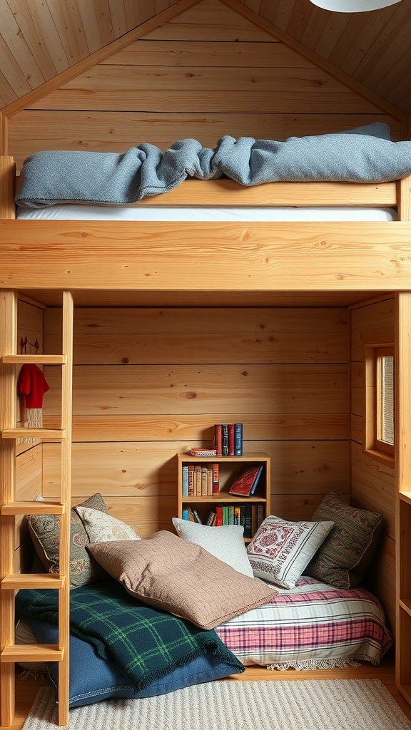 A wooden loft bed with a cozy reading corner below, featuring pillows and a small bookshelf.