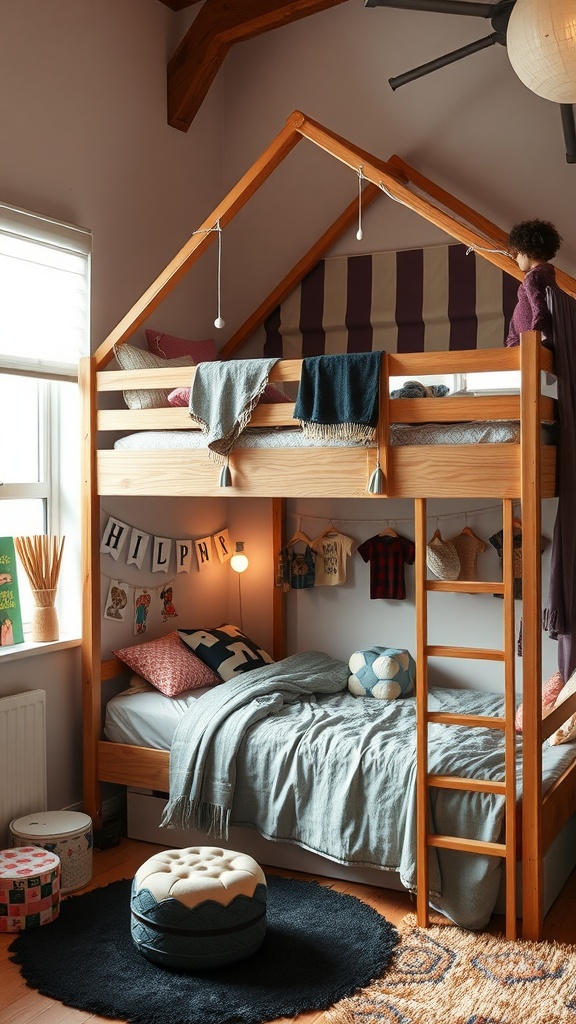 A cozy loft bed with a house shape, decorated with cushions and playful wall decor.