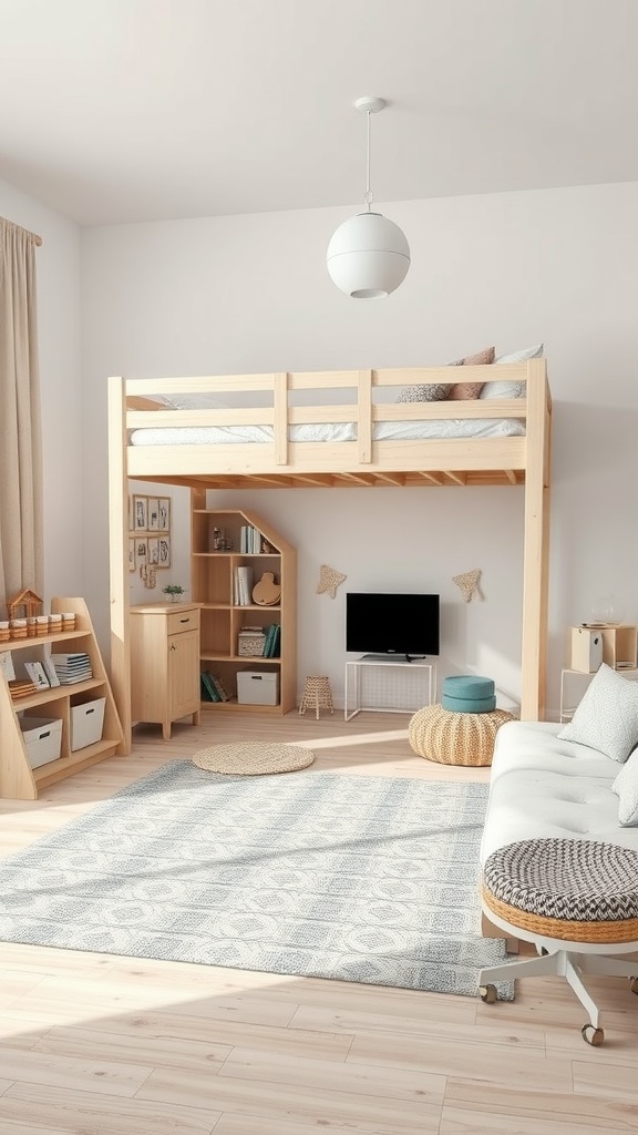 A cozy loft bed with wooden frame and ample floor space underneath for furniture and decor.