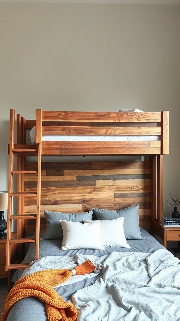 A loft bed with an artistic wooden headboard, featuring a cozy bedding setup below.