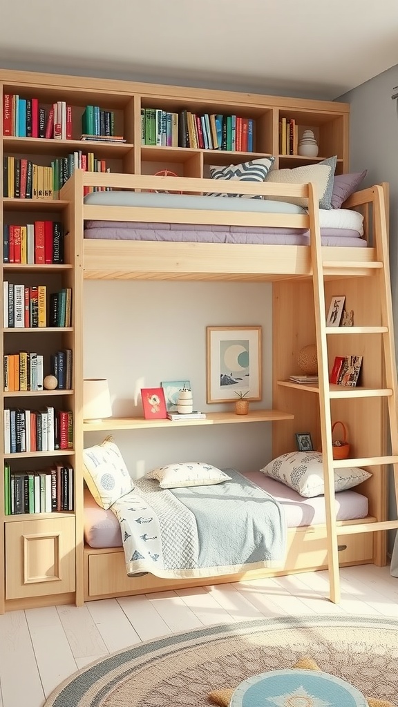 A loft bed with built-in bookshelves, featuring a cozy sleeping area above and a reading corner below.