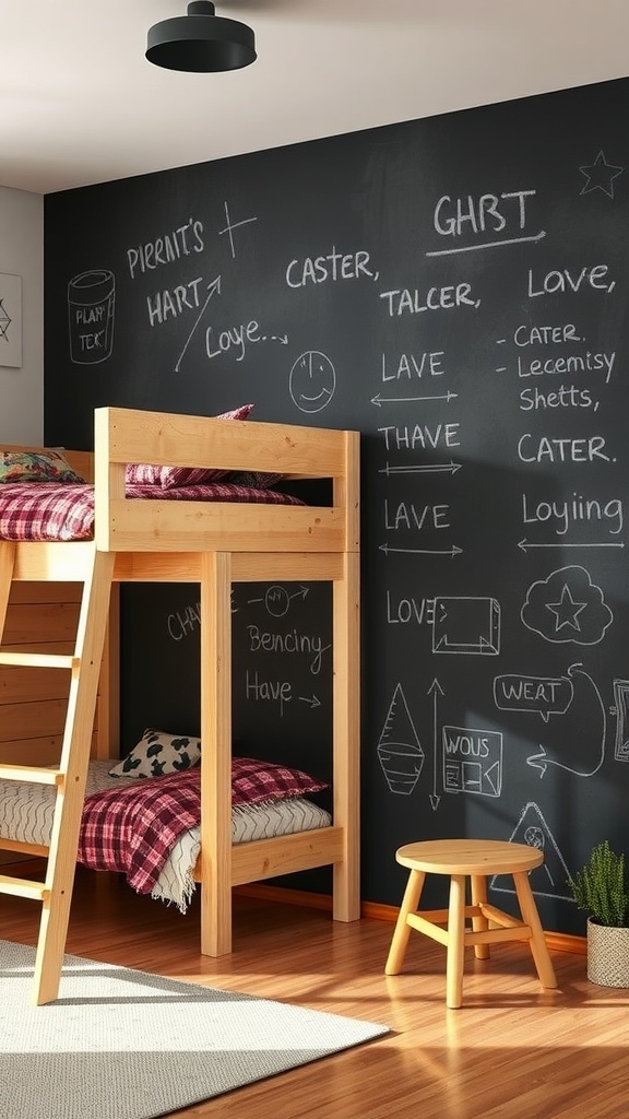 A loft bed with a chalkboard wall, featuring wooden frame, plaid bedding, and a small stool.