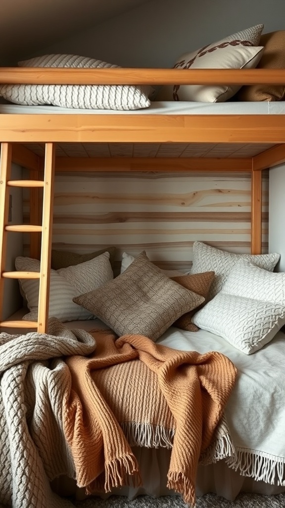 A loft bed with a wooden frame, decorated with cozy blankets and pillows.