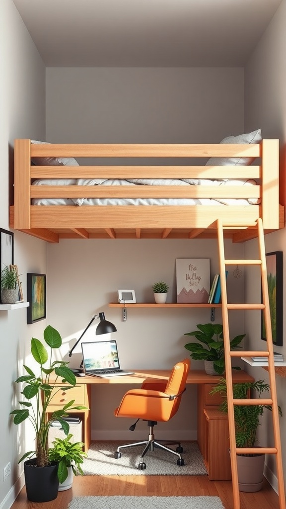 Loft bed with workspace underneath, featuring a desk, plants, and an orange chair.