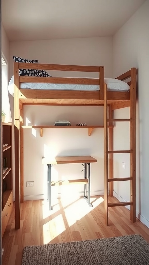 A wooden loft bed with a foldable workspace underneath, featuring a ladder and natural lighting.