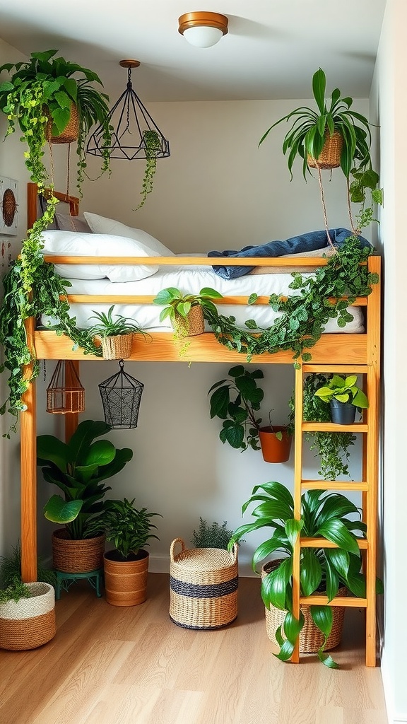 Loft bed adorned with hanging plants and greenery