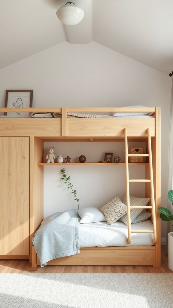 A loft bed made of wood, featuring a sleeping area on top and a cozy reading nook below, with shelves and plants for decoration.