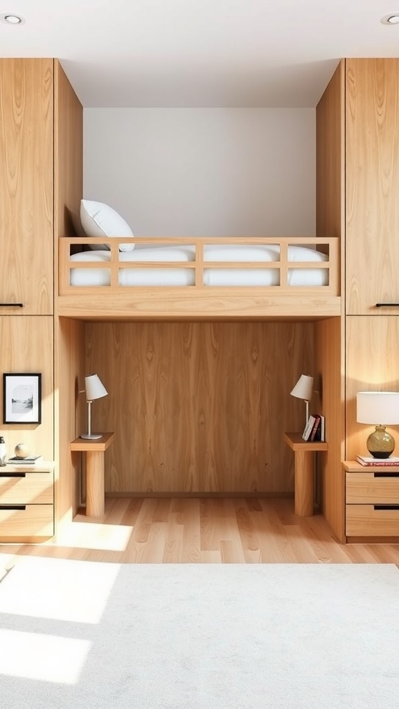 A modern loft bed with integrated nightstands, featuring a wooden design and stylish lamps.