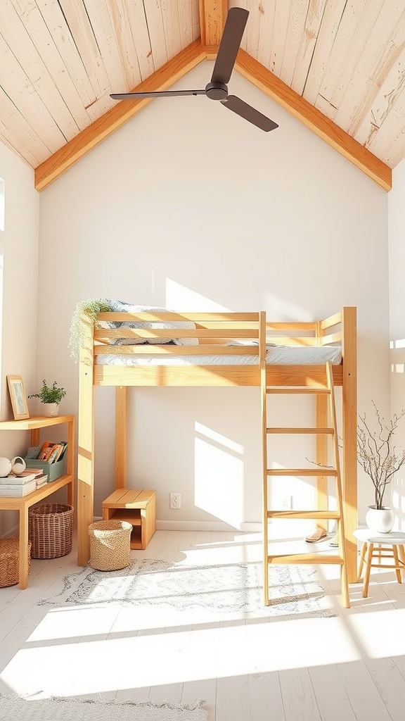 A loft bed made of wood with natural light streaming in, creating a cozy atmosphere.