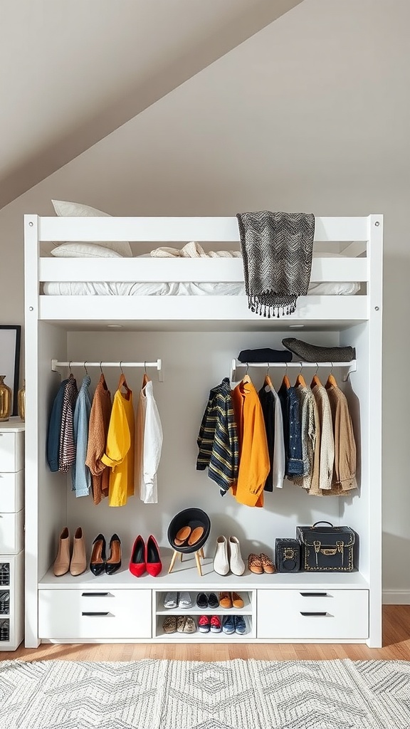 Loft bed with open closet space below, featuring hanging clothes and organized shoes