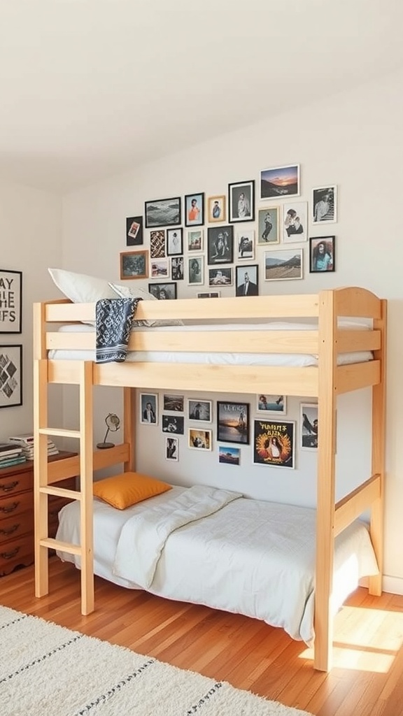 A loft bed with a personal gallery wall featuring framed photos and artwork.