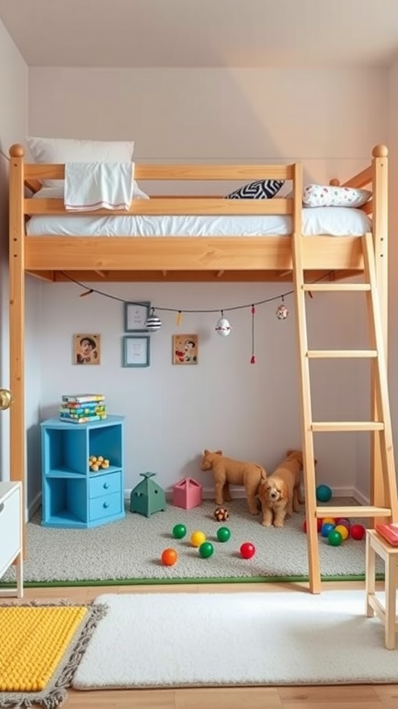 A loft bed with a play area underneath, featuring a wooden frame, colorful toys, and a blue storage unit.