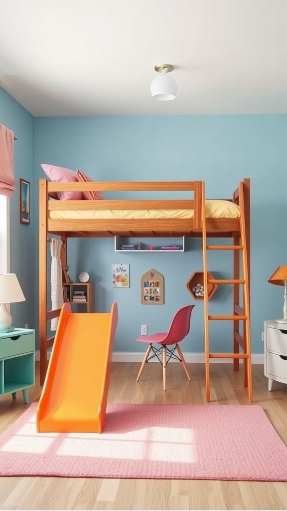 A cozy loft bed with an orange slide, set in a colorful room with blue walls and pink rug.