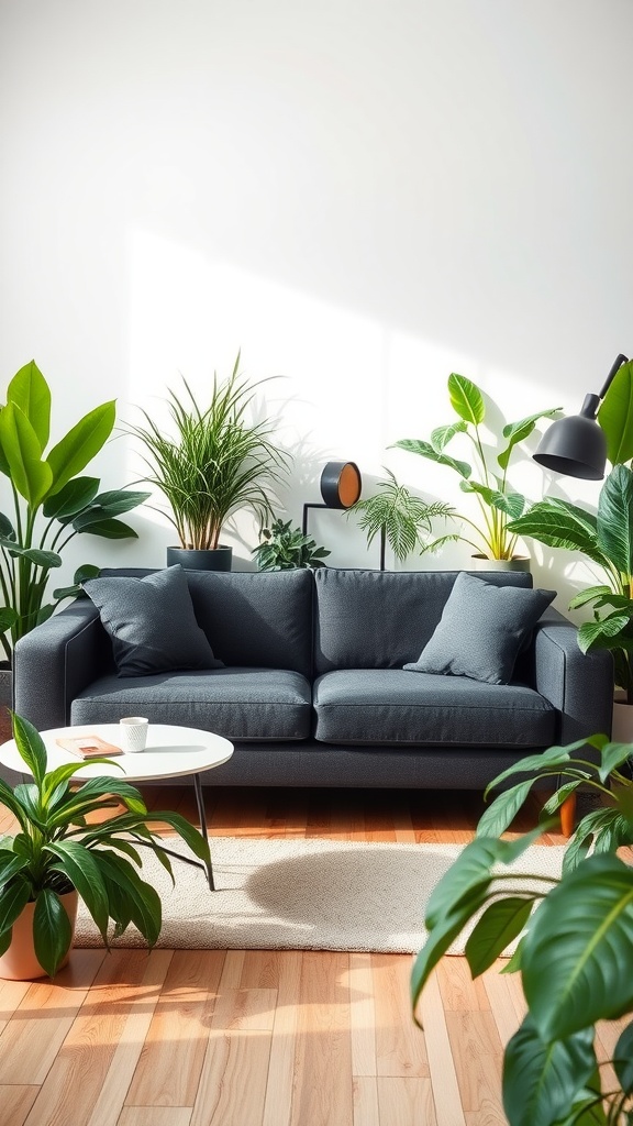 A stylish living room featuring a dark gray couch surrounded by various green plants.