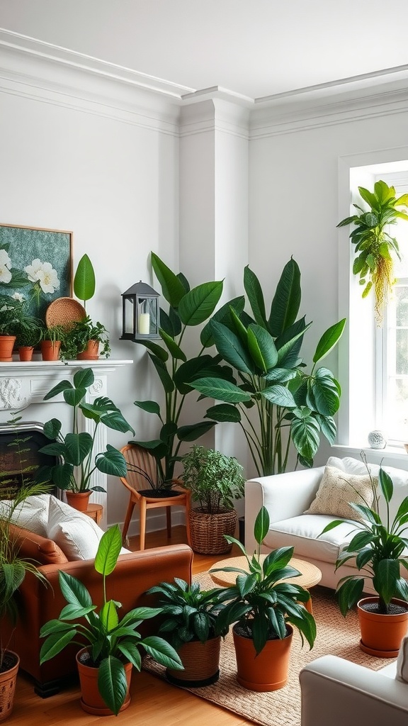 A cozy living room filled with various indoor plants in pots, showcasing a cottagecore aesthetic.