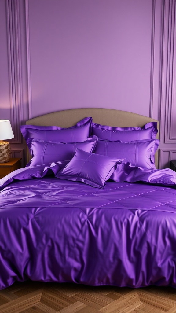 Luxurious purple bedding set with pillows in a moody purple bedroom