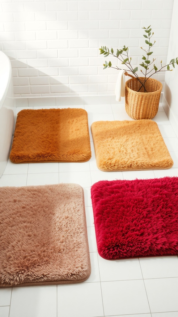 Four colorful fluffy bath mats in a bathroom setting