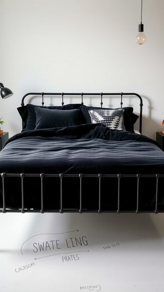 A stylish bedroom featuring a black velvet bedding set on a black bed frame with decorative pillows.