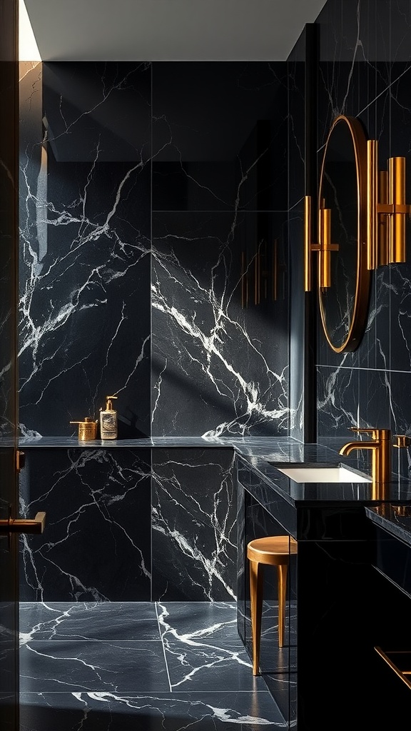 A luxurious dark marble bathroom featuring a sleek design with gold accents.