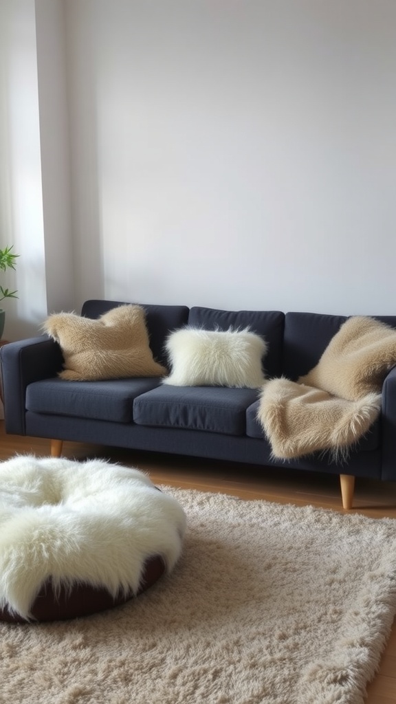 Cozy living room featuring a dark gray couch with faux fur accents and a fluffy round pouf on the floor.