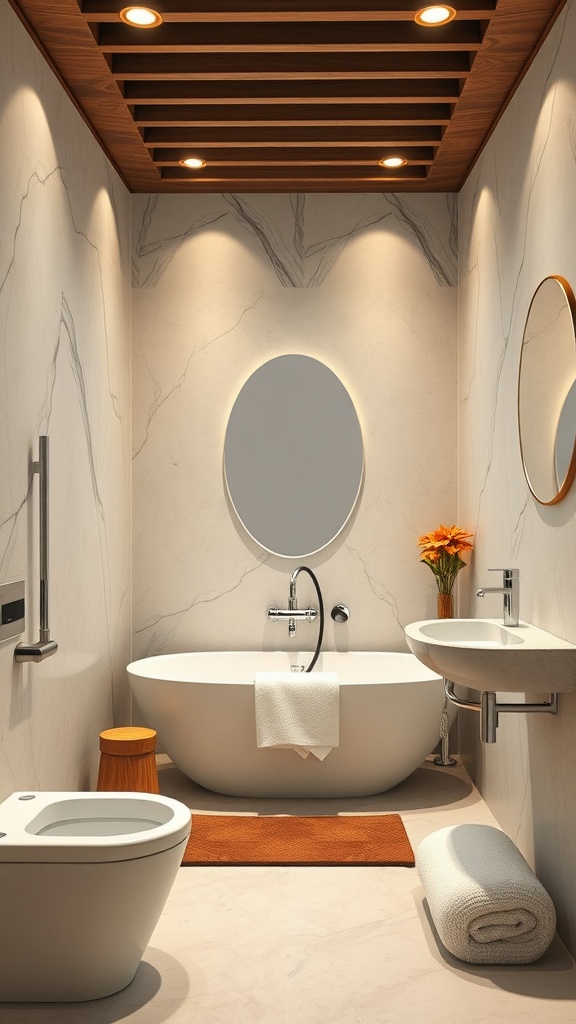 A luxurious bathroom with a freestanding tub, marble walls, wooden accents, and modern fixtures creating a spa-like atmosphere.