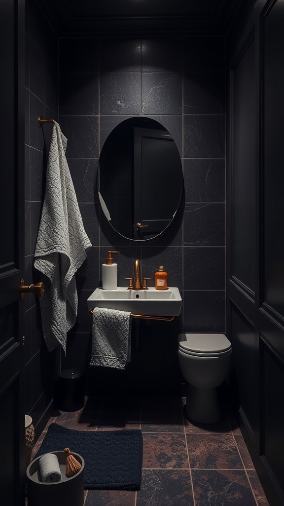 A small dark bathroom featuring luxurious textiles such as soft towels, a plush bath mat, and stylish decor.