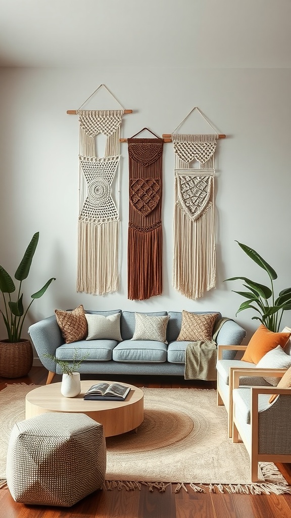 A modern boho living room featuring macramé wall hangings, a light blue sofa, and natural decor elements.