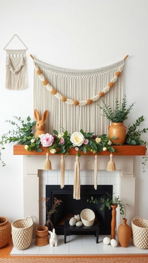 A beautifully decorated mantel with a macrame wall hanging, floral garland, and Easter-themed decorations.