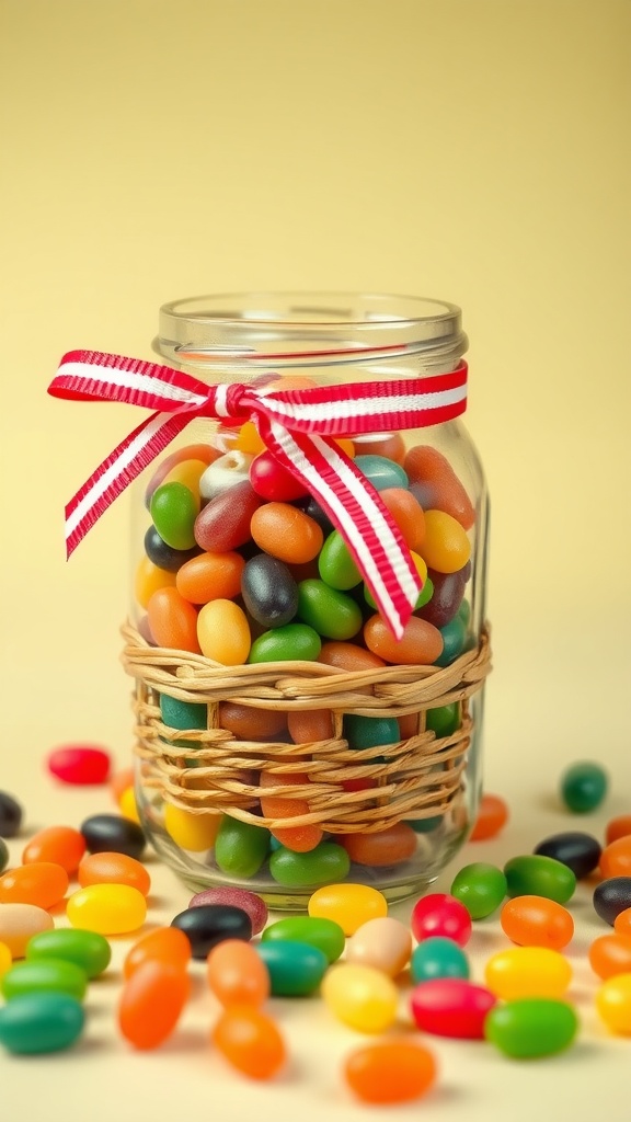 A mason jar filled with colorful jelly beans, wrapped in a wicker basket and tied with a red and white striped ribbon.