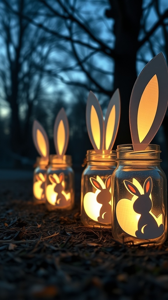 Mason jar bunny luminaries glowing in the dark with bunny cutouts on the jars