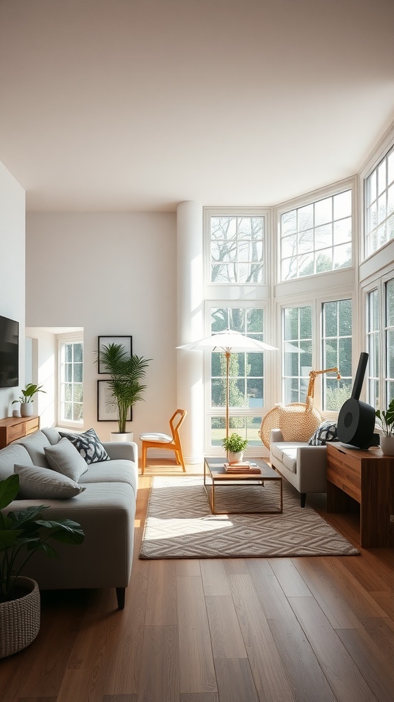 Bright living room with large windows, light furniture, and plants, designed to maximize natural light