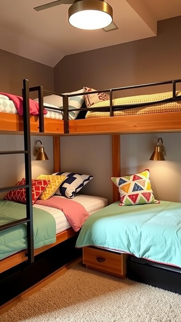 A stylish shared bedroom with two bunk beds, colorful bedding, and warm lighting.