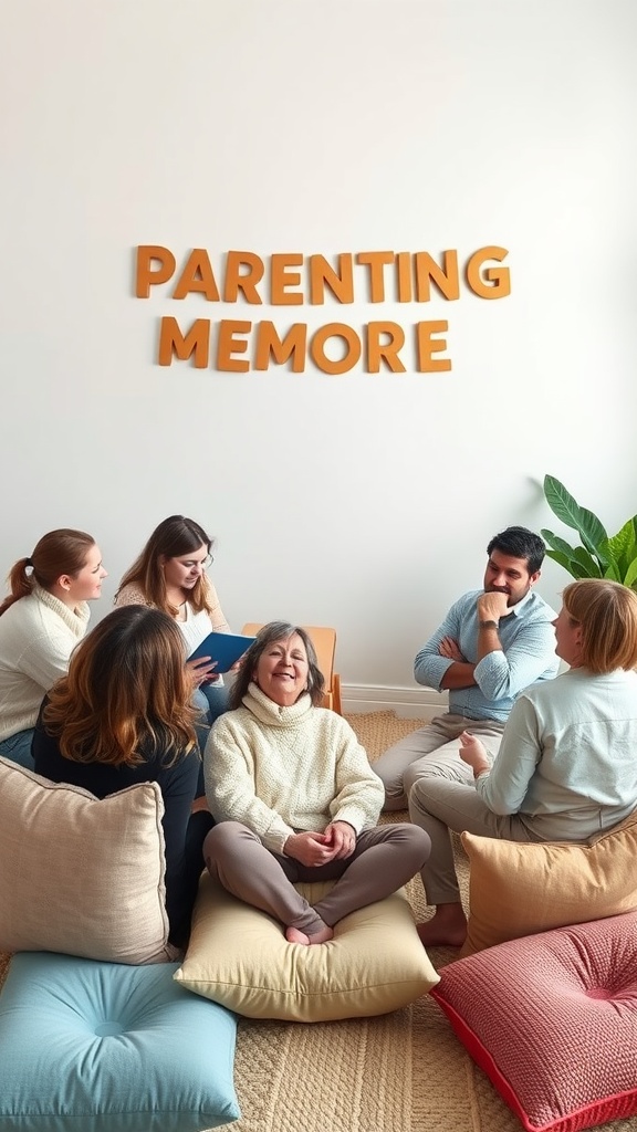 A group of people sharing stories in a cozy setting with colorful cushions and a wall displaying 'PARENTING MEMORIES'.