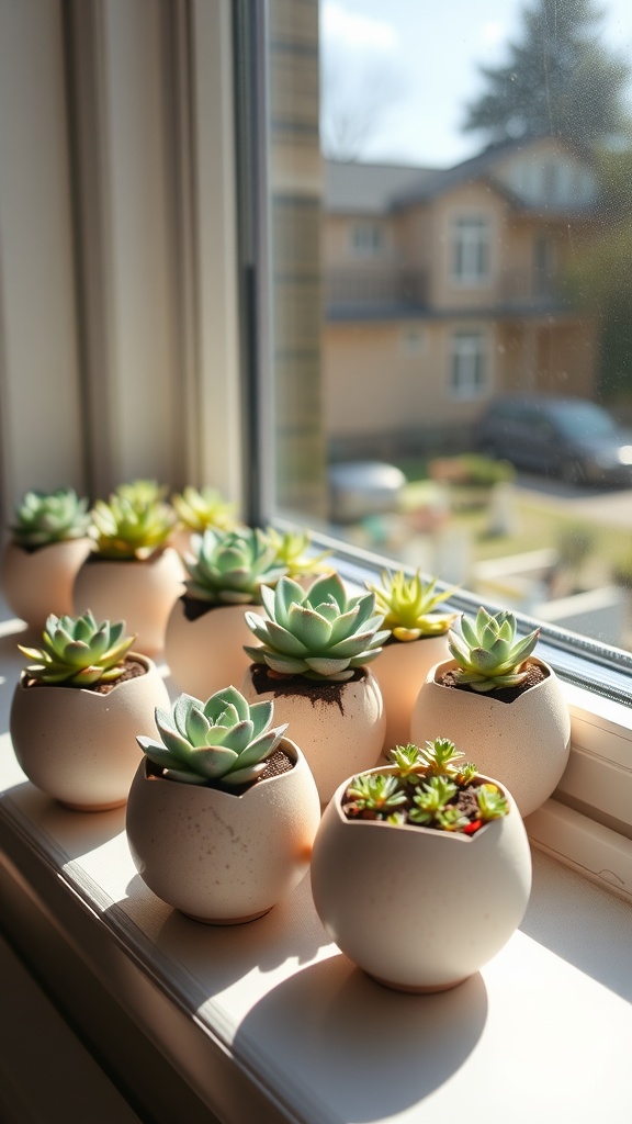 Mini egg planters with succulents on a sunny windowsill