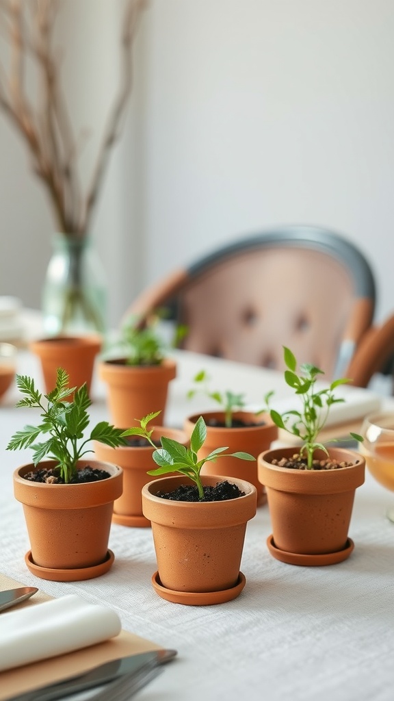 Small terracotta pots with herbs on a dinner table, showcasing a mini herb garden setup.