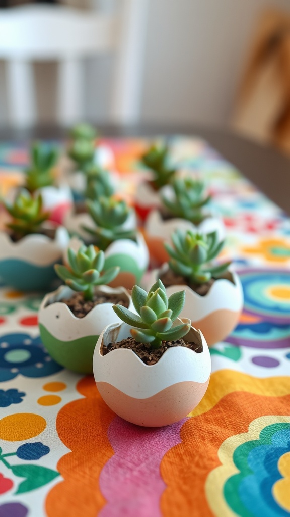 Colorful mini succulent garden in eggshell planters on a vibrant tablecloth.