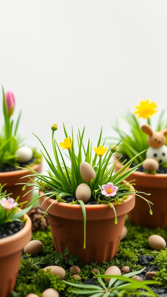 Miniature Easter gardens with terracotta pots, grass, flowers, and chocolate eggs.