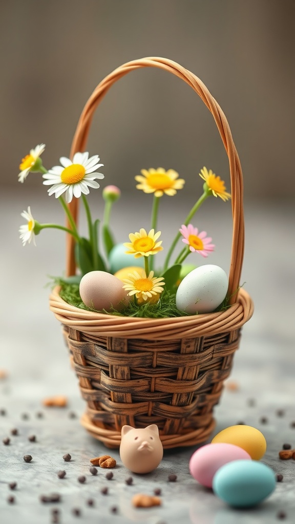 A miniature flower pot basket filled with artificial flowers and pastel-colored eggs.