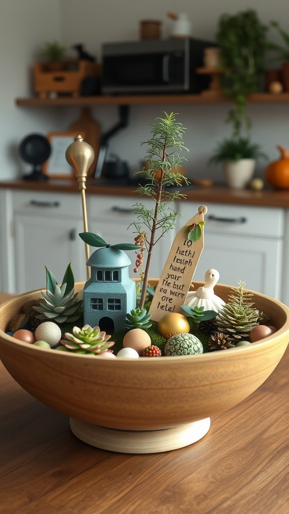 A beautifully arranged miniature garden in a wooden bowl featuring small plants, decorative stones, and a tiny house for a spring centerpiece.