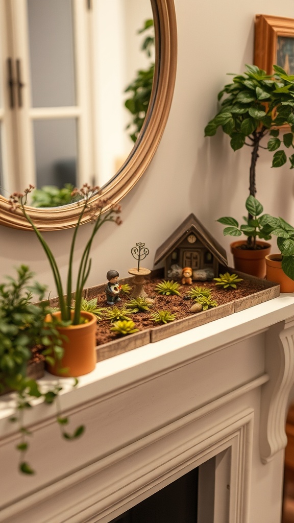 A miniature garden scene on a mantel featuring small plants, figurines, and a mirror.