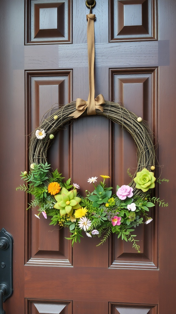 A miniature garden wreath with vibrant faux flowers and greenery hanging on a wooden door.