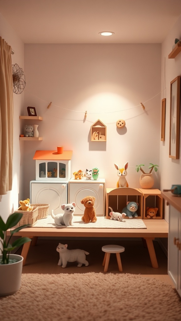 Cozy miniature pet corner with plush toys and decorative items.