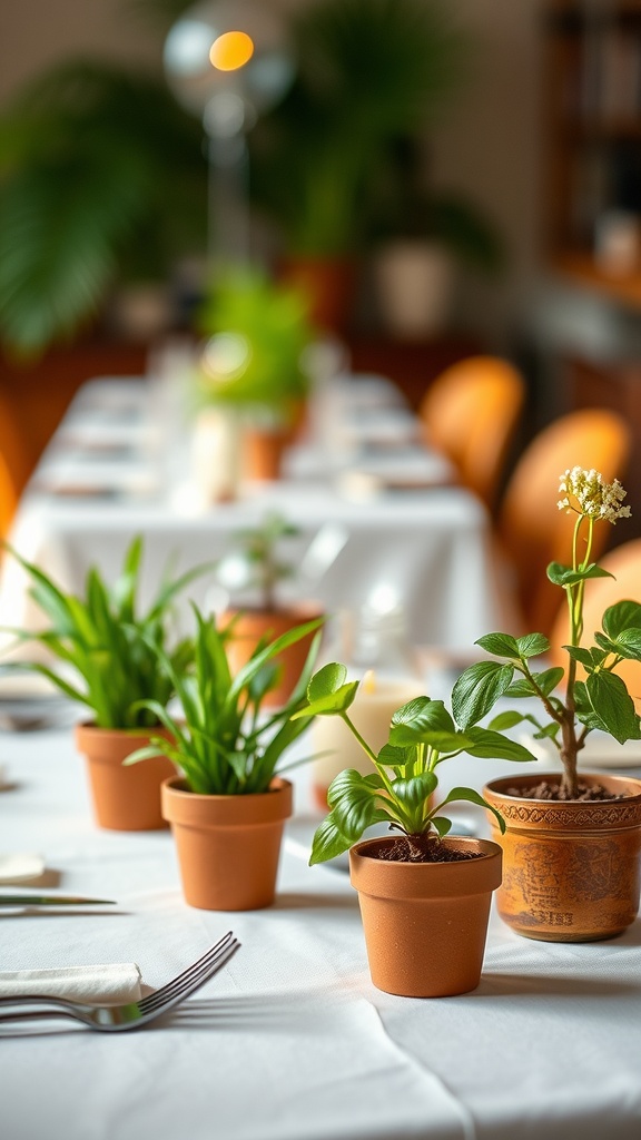 A table set with miniature potted plants as centerpieces, featuring terracotta pots and a white tablecloth.