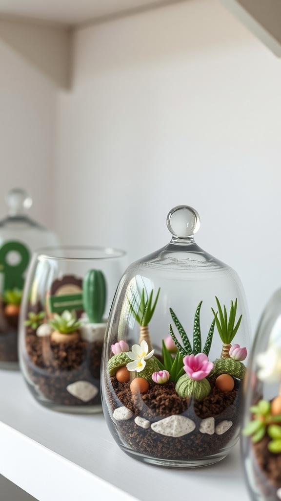 Miniature spring terrariums with colorful plants and decorative elements.