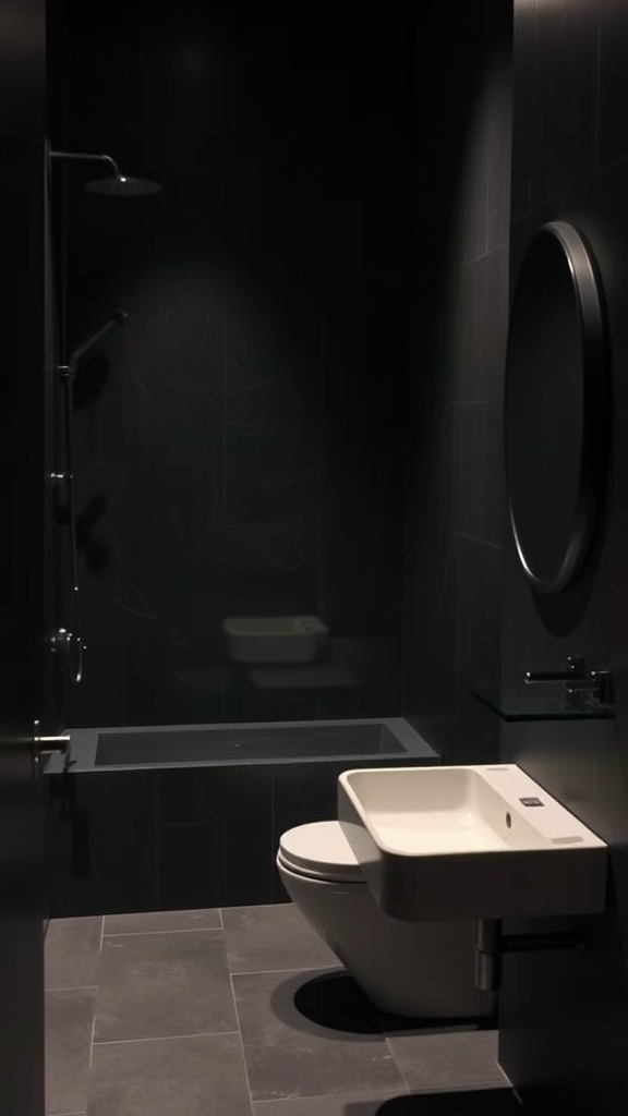 Minimalist small dark bathroom featuring dark tiles, white sink and toilet, and sleek black fixtures.