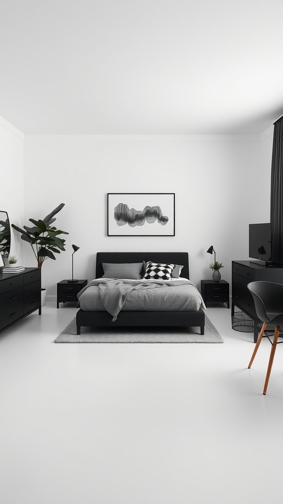 A minimalist black bedroom featuring a black bed, nightstands, and decor.